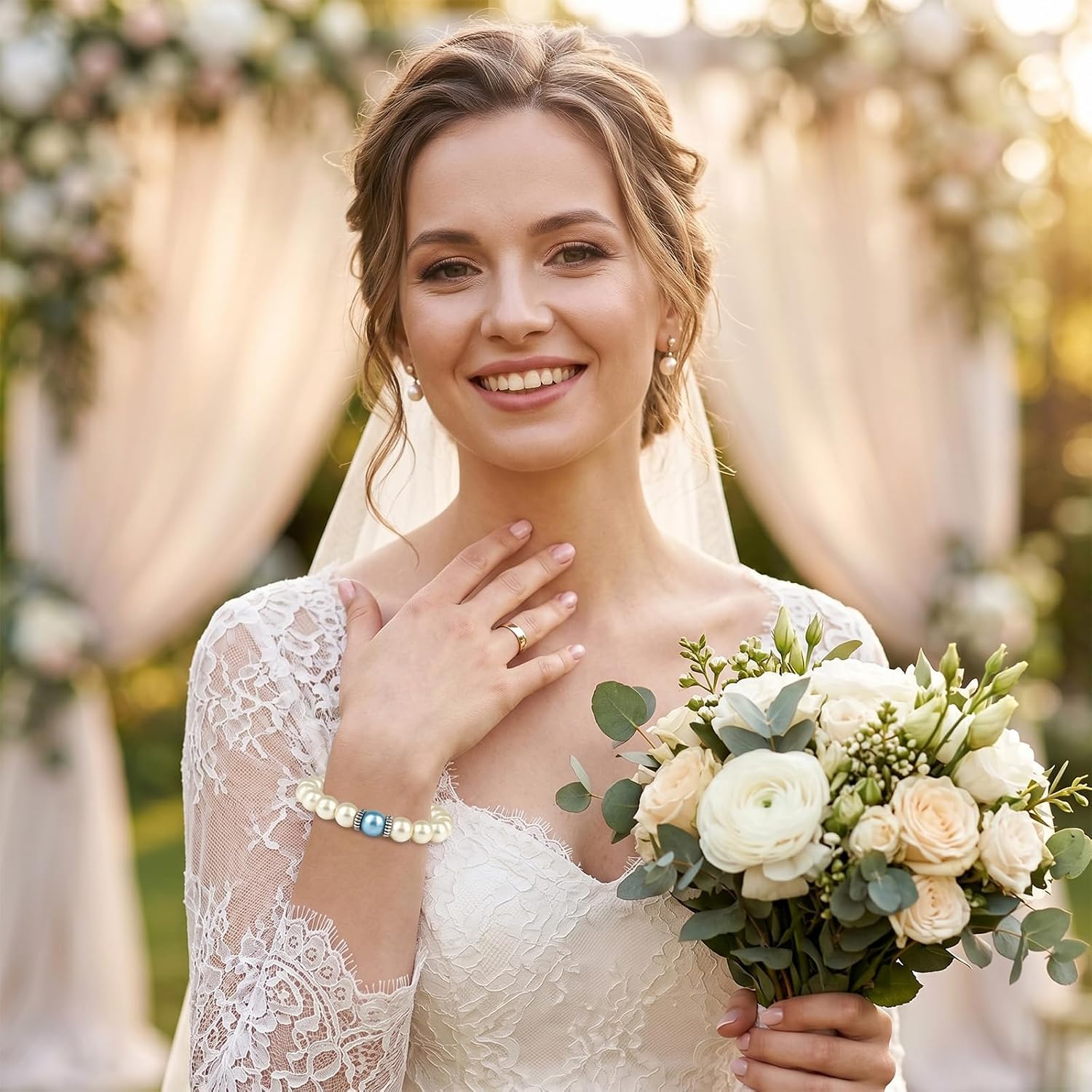 Long tiantian Something Blue Bride Bracelet for Women Pearl Beaded Bracelet Bridal Shower Gift Wedding Accessory for Bride to Be