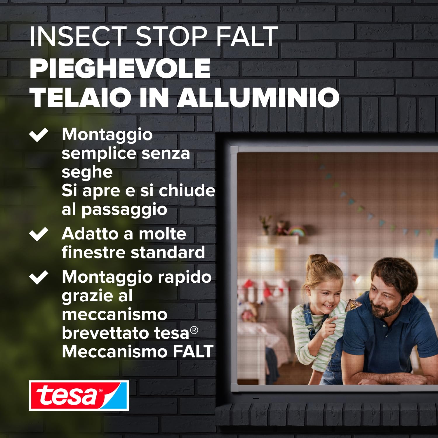 Tesa 55214 Insect Stop Ripiegabile, Zanzariera per Finestre Telescopica con Telaio in Alluminio, Bianca, 80 x 80cm Fino a 140 x 140cm