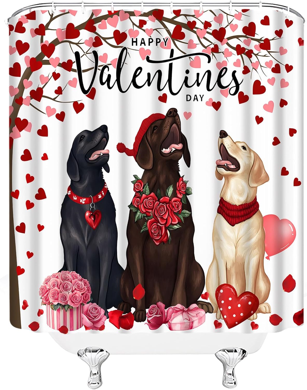 Valentines Dogs Shower Curtain Red Pink Heart Tree Rose Cute Funny Animals Fabric for Bathroom Decor Bathtub with Hooks (70" WX84 H)