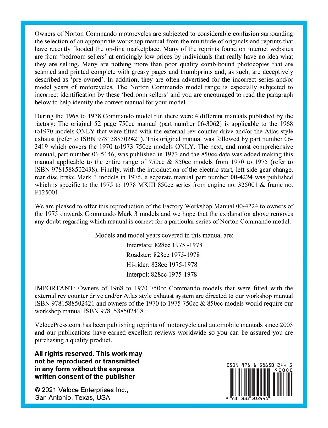 Norton Workshop Manual for 850 Commando Electric Start Mark 3 from 1975 Onwards (Part Number 00-4224)      Paperback – May 13, 2021