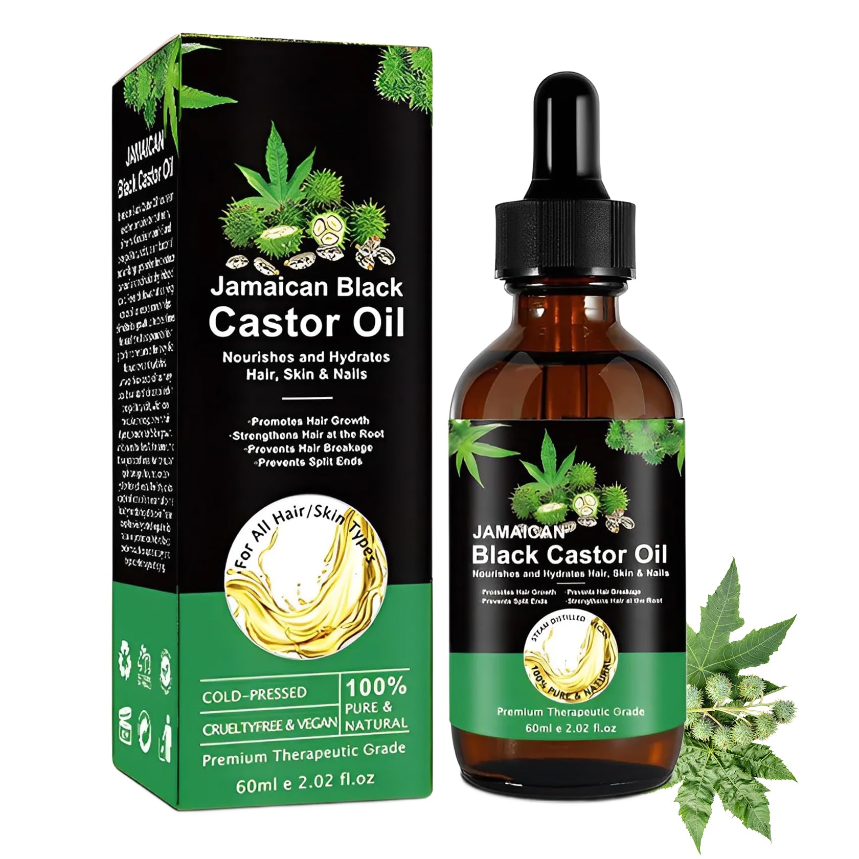 Jamaican Black Castor Oil Organic Cold Pressed Unrefined Glass Bottle Natural Pure Black Castor Oil for Hair Eyelashes Eyebrows Growth Moisturizing Oil 2.02 fl.oz
