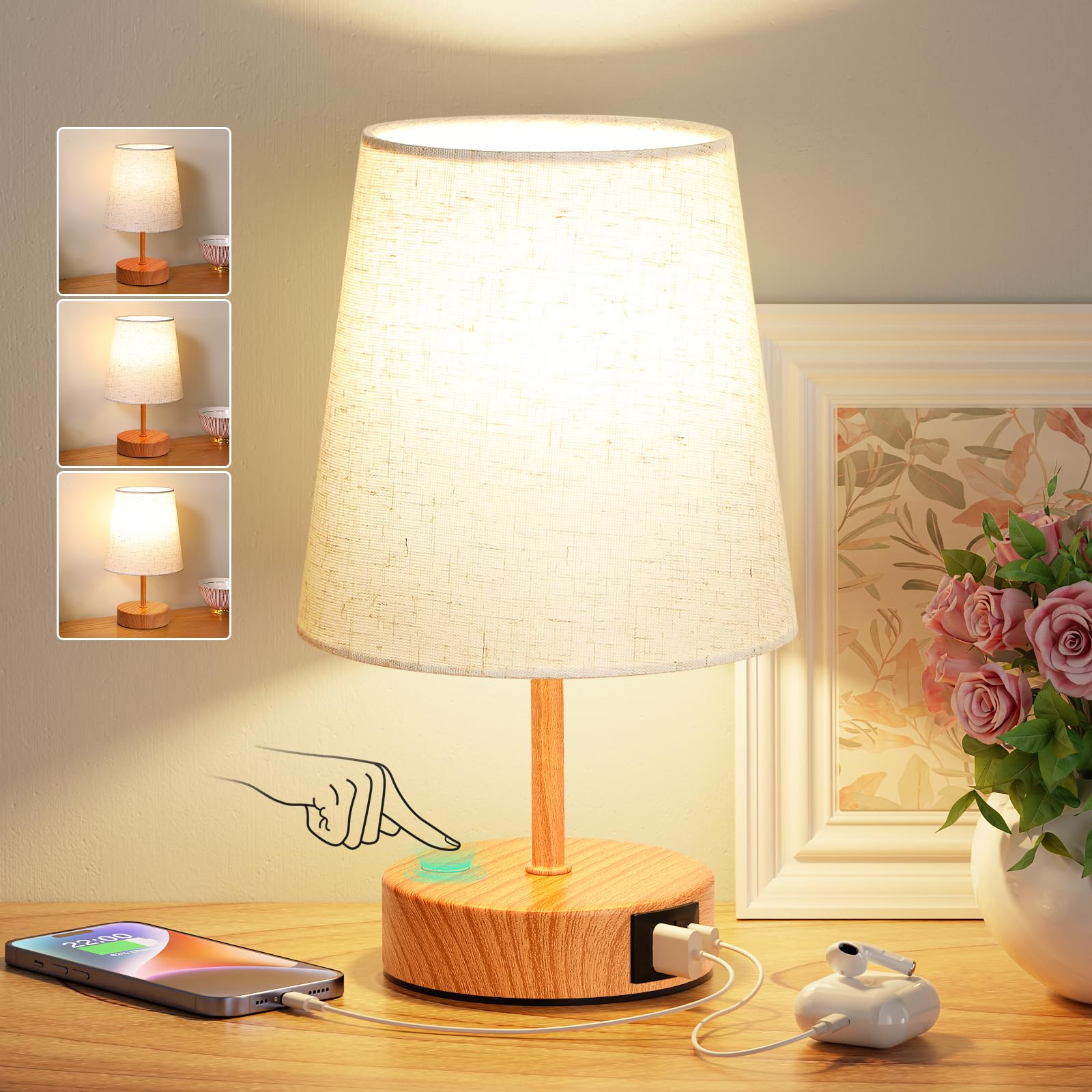 PreeOtti Nachttischlampe Touch Dimmbar, USB A+C-Ladefunktion, Tischlampe mit Leinen-Lampenschirm Dunkler Holzsockel, Kleine Lampe für Nachttisch Wohnzimmer Schlafzimmer Kinderzimmer Büro