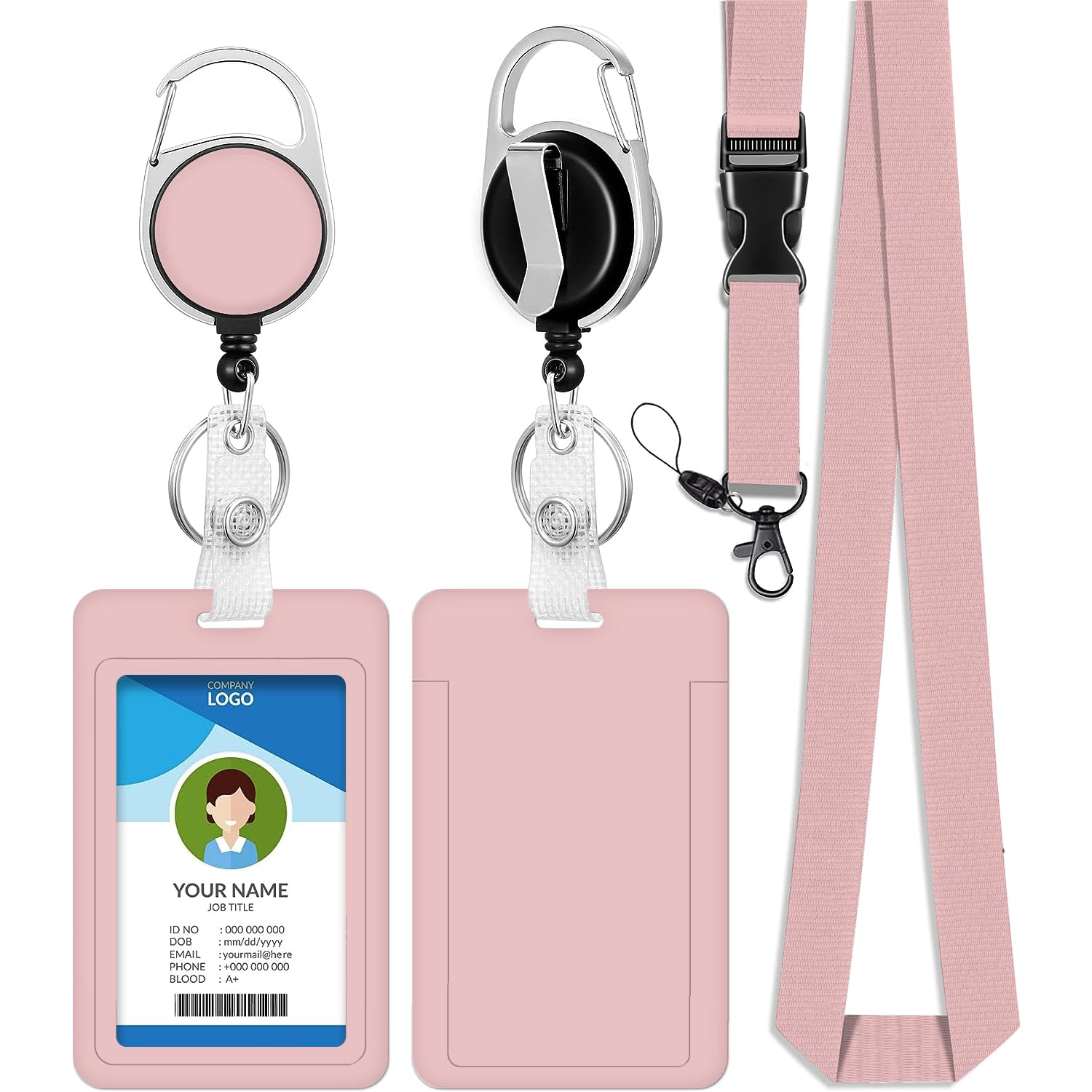 bolimoss Pink Lanyard with Card Holder for Keys Sliding Badge Holder Plastic Case with Retractable Badge Reel Carabiner Clip and Detachable Neck Lanyards for Women Girl Student