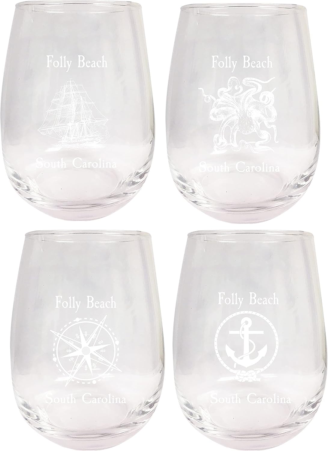 R and R Imports Folly Beach South Carolina Souvenir 9 Ounce Laser Engraved Stemless Wine Glass Nautical Designs 4-Pack