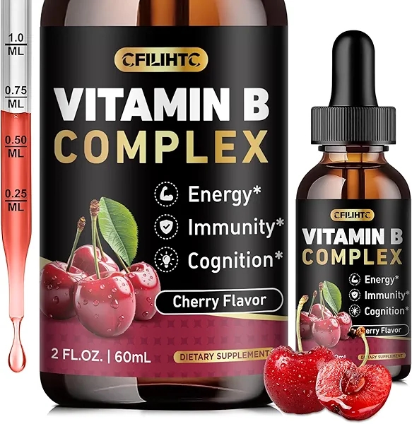 CFILIHTC Vitamin B Complex Liquid Drops, B Vitamins Complex Supplement with B1, B2, B3, B5 B6, B7, B9 & Methyl B12 Drops for Adults & Kids, Vegan, Cherry Flavor
