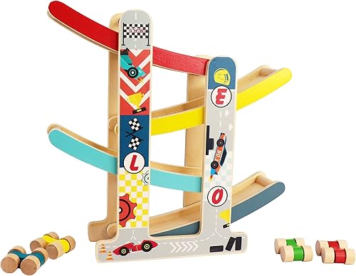 Miniatura 1 de LEO  FRIENDS Rampa de madera Racer juguetes de pista de carreras con 4 mini coches de madera para niños y niños juguetes de madera para coche regalo