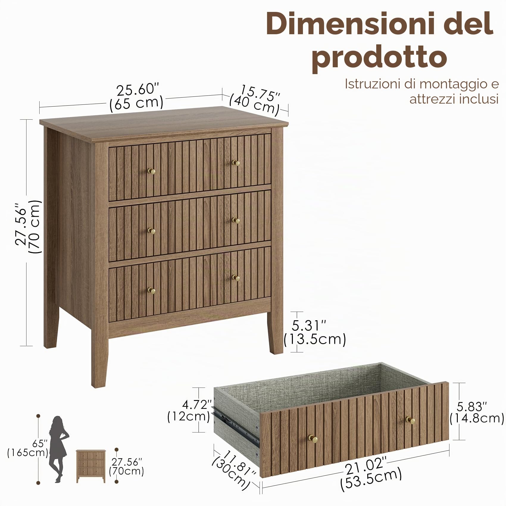 Comodino grande con 3 cassetti, comodino in legno, con maniglie in metallo, comò per camera da letto, soggiorno e corridoio
