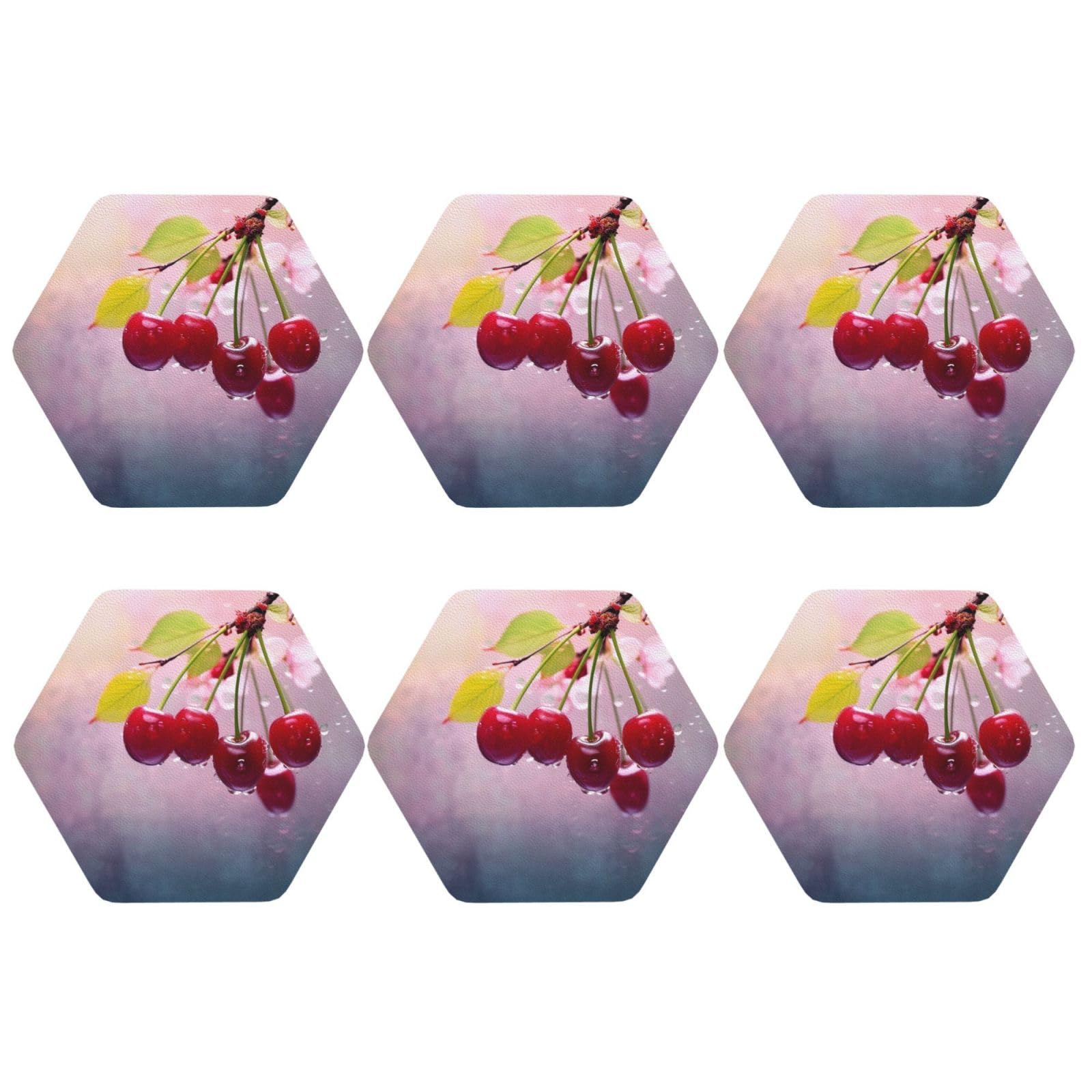 6pcs Leather Coasters for Drinks, Cherry Drink Coasters for Tabletop Protection, 4" Cup Coasters for Coffee Table Decor, Non-Slip Drinking Cup Mat for Hot Or Cold Drink