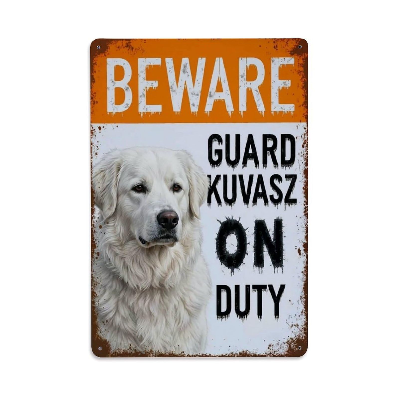 Vintage Funny Kuvasz Guard Beware of Dog Zone Metal Tin Sign Plaque Wall Decor for Cafe, Club Bar, Office, Garden Metal Poster 8x12Inch