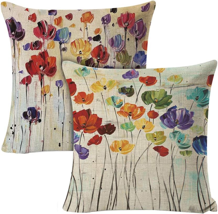 INSHERE Pack of 2 Oil Painting Flower Farmhouse Throw Pillow Cover Cotton Linen Decorative Cushion Covers Pillowcase Cushion Case for Sofa Bedroom Car 18 x 18 Inch (Oil Paiting Flower-2pcs)