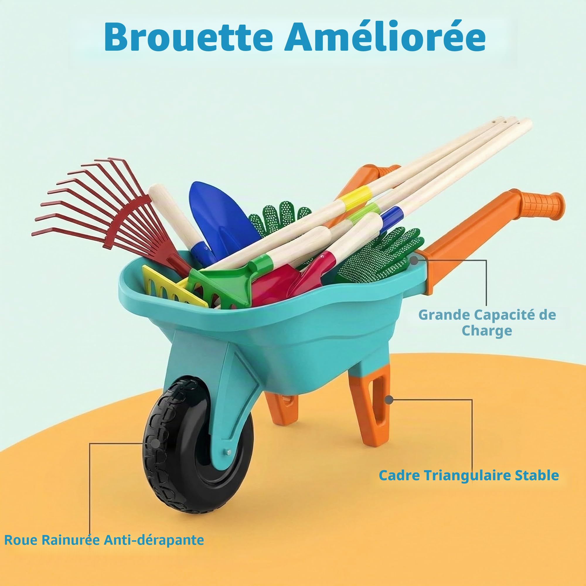 LATERN D'outils de Jardinage pour Enfants, 70CM Brouette avec 70CM Métal Pelle Râteau Houoche Râteau à Feuille 20CM Pelle Râteau Gants Éducatif Jouet pour L'extérieur Jardin Cour Pelouse Creuser Jouer