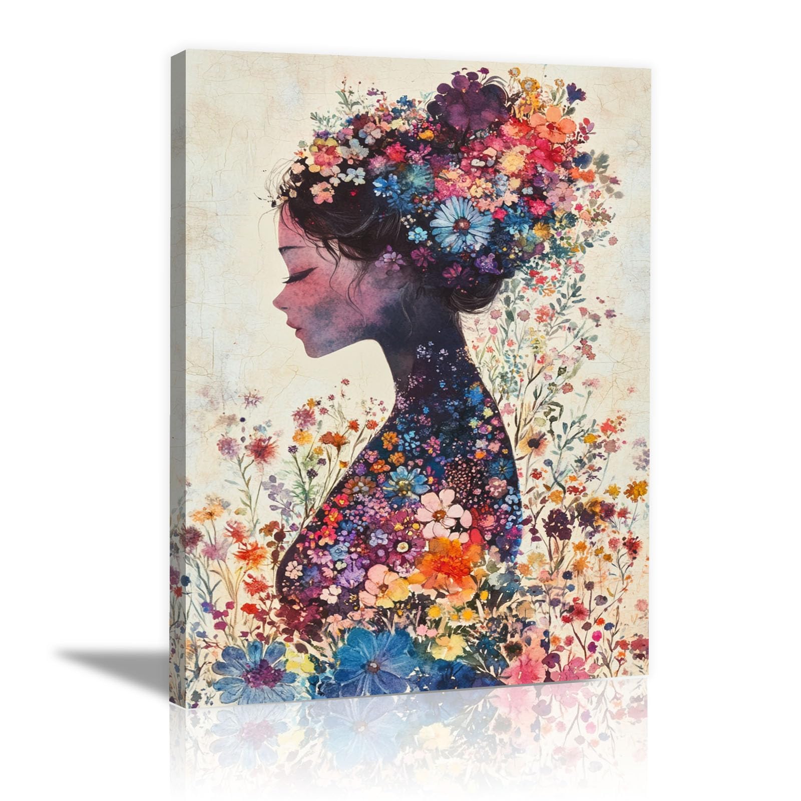 TERUEA Glamorous Art Deco Inspired Floral Woman Silhouette Women Wall Art Canvas Artwork Canvas Art Home Decor Home Wall Decor(Multi)-20x30cm Framed