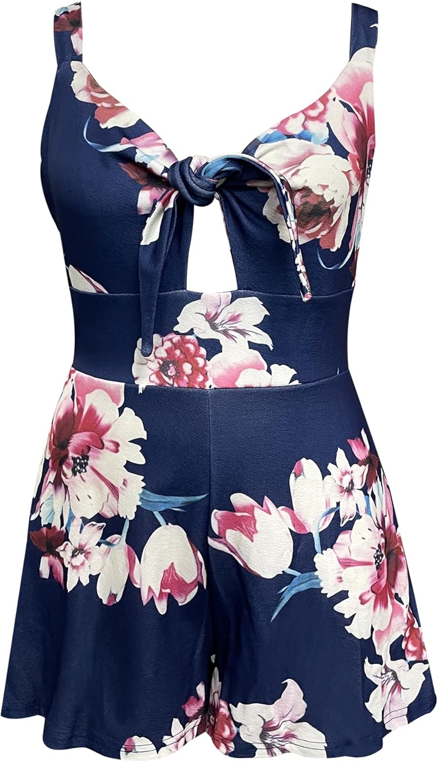 Relipop Women's Jumpsuits Floral Print Spaghetti Straps Sleeveless V Neck Front Tie Knot Rompers 2026 Beach Vacation Outfits - Image 3