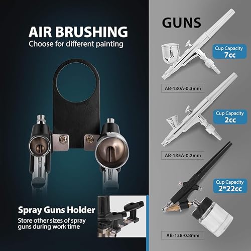 Miniatura 6 de VIVOHOME Kit de aerógrafo con compresor de aire profesional de 1/5 HP y 3 pistolas de aerógrafo de doble acción, alimentación por gravedad y sifón,