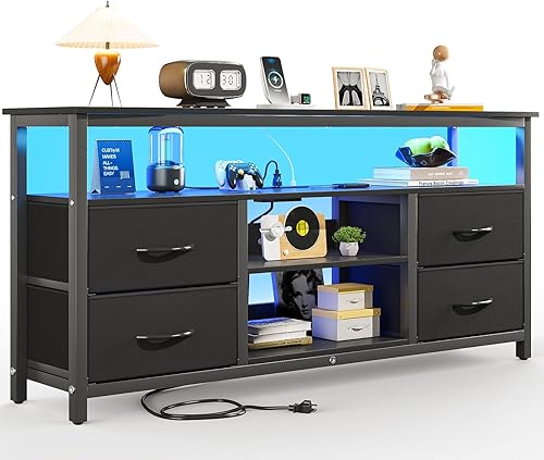 Miniatura 9 de Haewon Soporte de TV para televisores de hasta 65 pulgadas, centro de entretenimiento con luces LED y estación de carga, mesa consola multimedia de