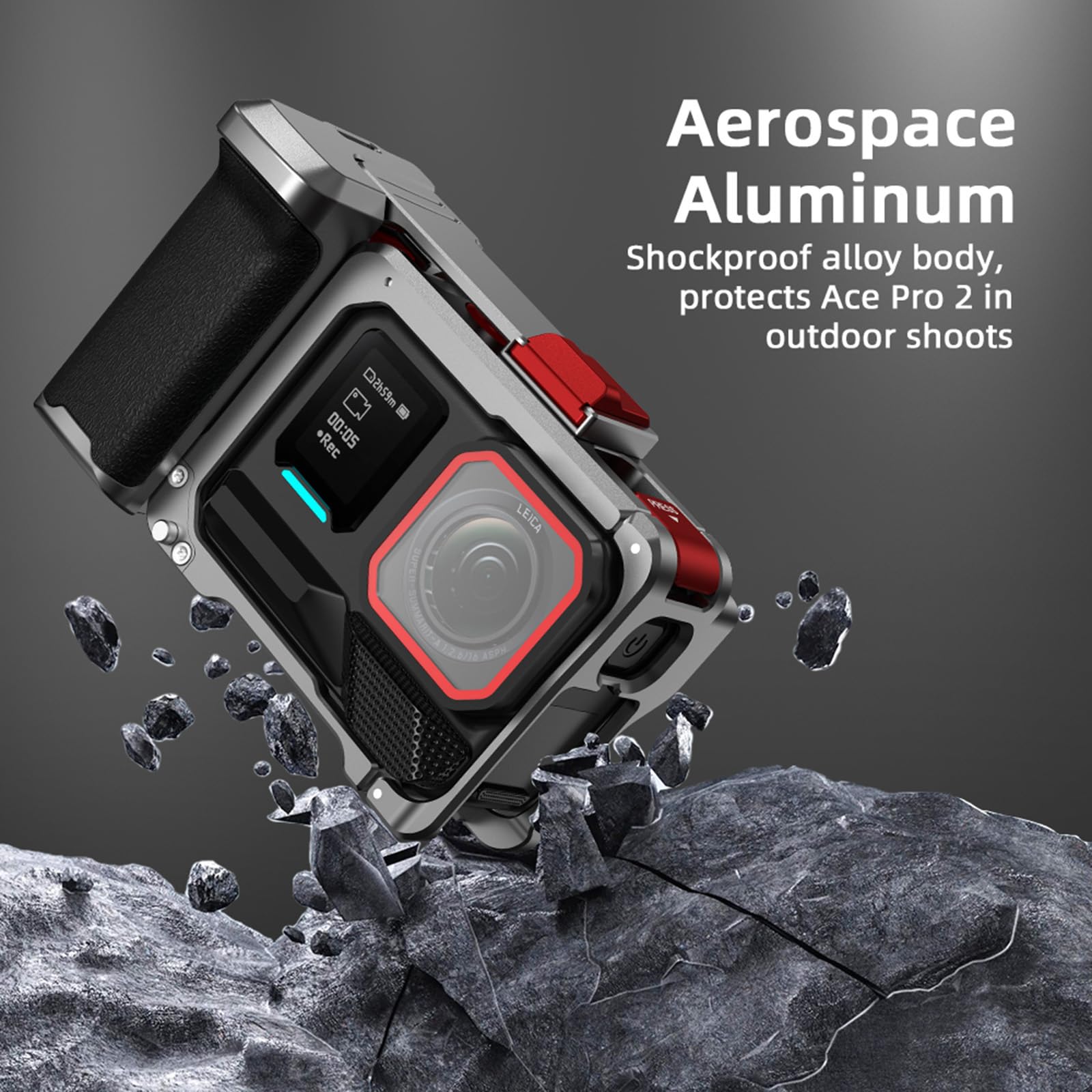 Kaninchenkäfig mit Aluminiumrahmen für Insta360 Ace Pro 2/Ace Pro, Griff mit Auslöserknopf, Schutzhülle, mit Silikon-Objektivdeckel, 6,35 mm Schraube und Zubehör für Kaltschuhe