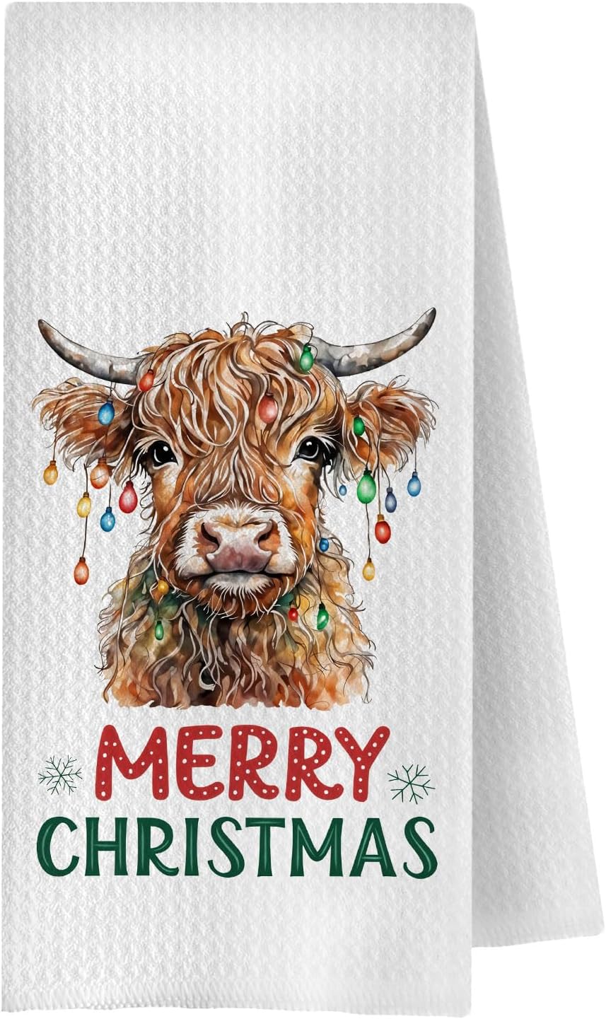 Christmas Highland Cow Kitchen Towels, Cow Lover Gifts Dish Tea Towel for Kitchen Decor, Merry Christmas Lights Highland Cattle Decorative Hand Towels for Bathroom, 16x24 Inches