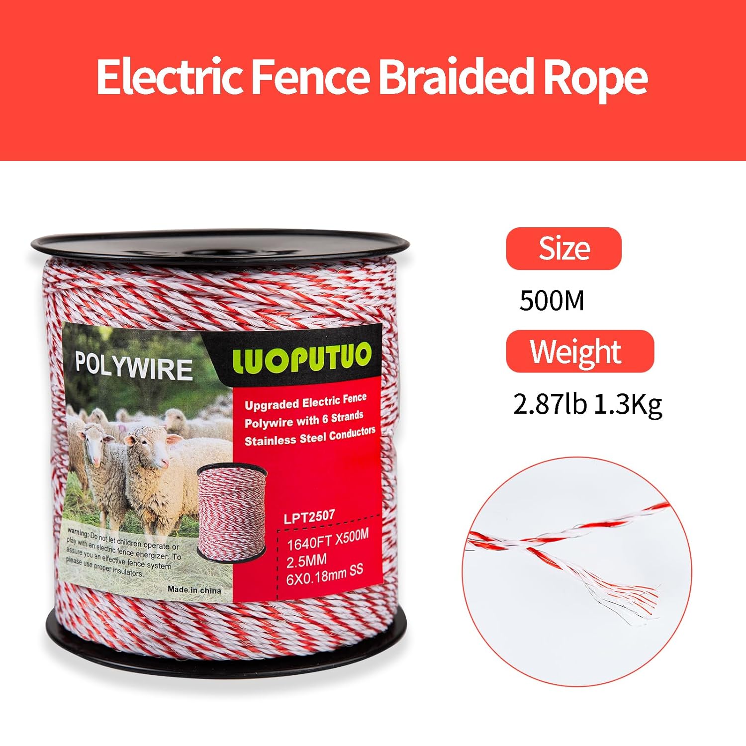 Electric Fence Polywire - 1640ft/500m | 6 Stainless Steel Strands, High Conductivity, Rust & UV Resistant | Portable Fencing for Livestock, Garden & Farm Enclosures