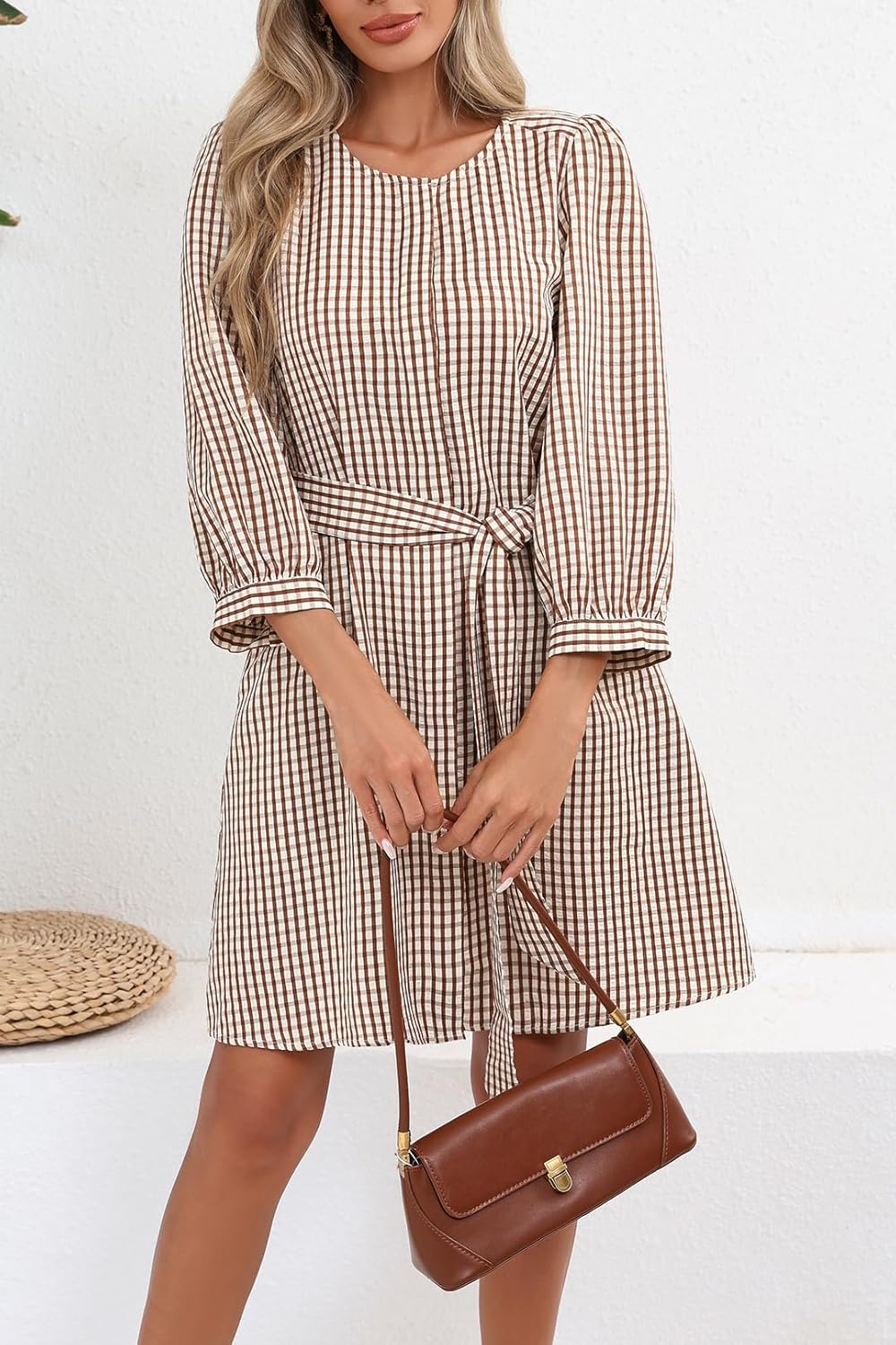 Ladyful Womens Gingham Dress Crewneck 3/4 Puff Sleeve Belted Shirt Dress Plaid Work Short Dresses with Hidden Button - Image 4