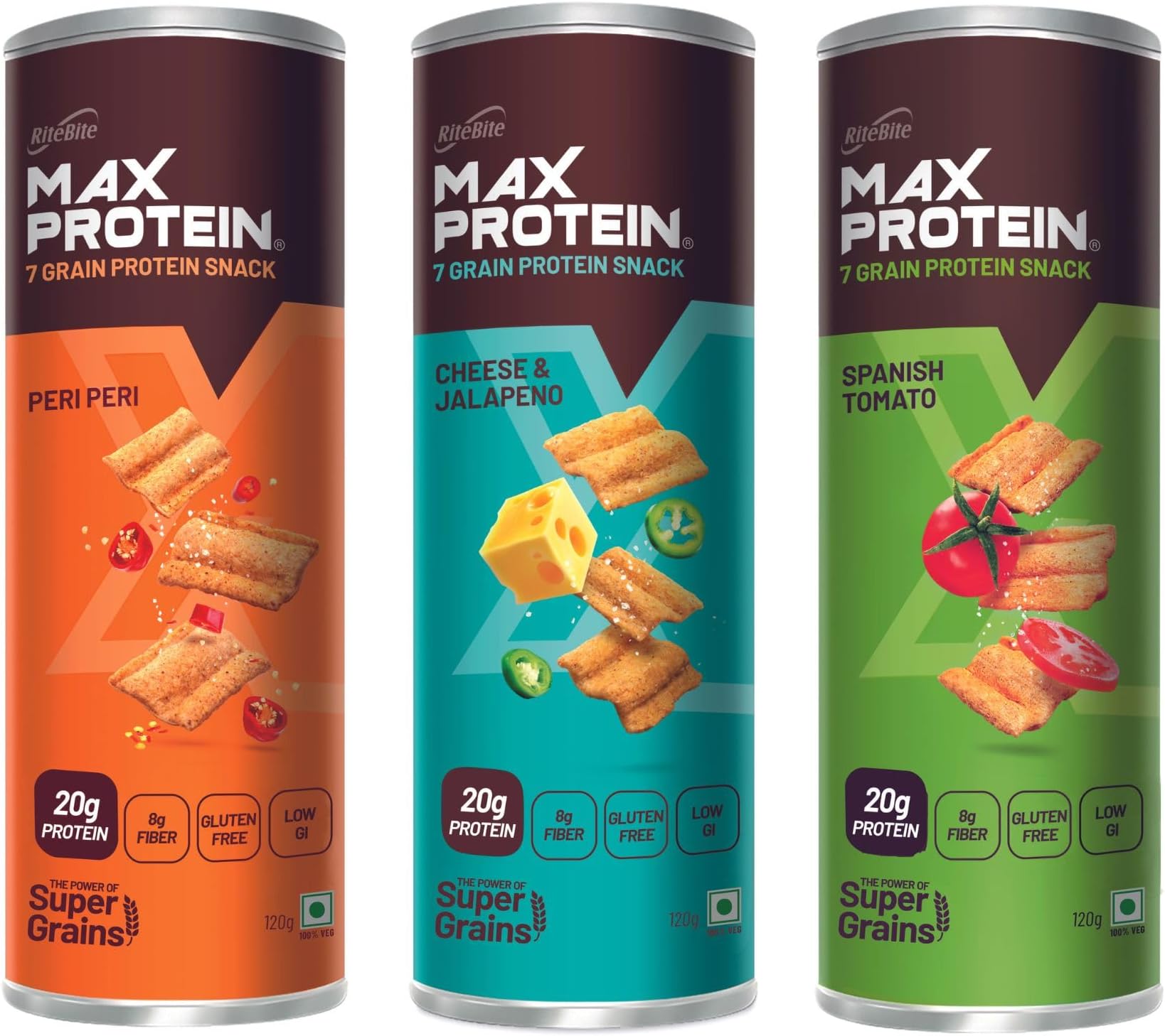RiteBite Max Protein Assorted Protein Chips with 20g Protein, 8g Fiber, Gluten Free, Low Gi, No Cholesterol and Trans Fat, 7 Grain Protein Snack, 120g (Pack of 3), 360g