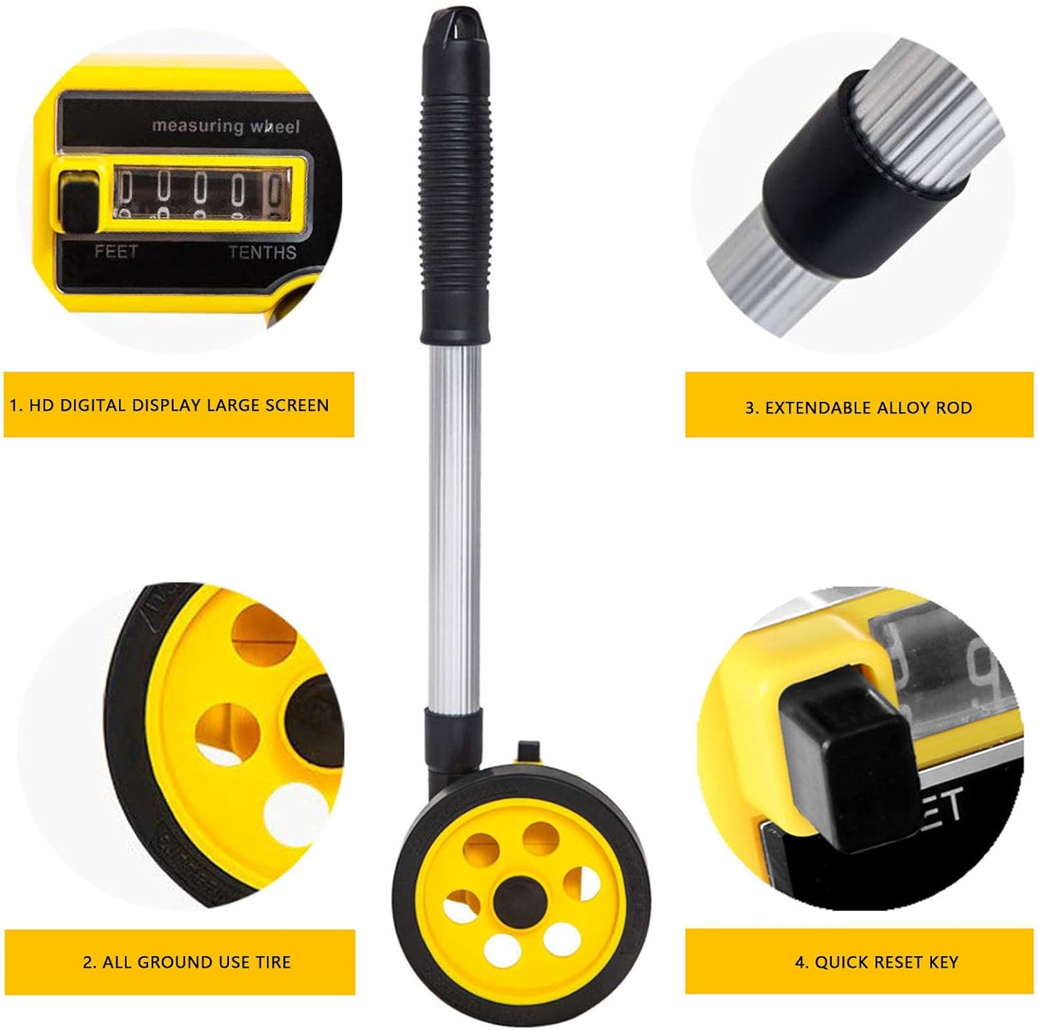 Garosa 8 Inch Measuring Wheel, Adjustable Telescopic Pole 1.49 3.17ft 0 9.9m Range Distance Measurement Tool with One Key Reset, for Construction Landscaping Indoor Outdoor Projects