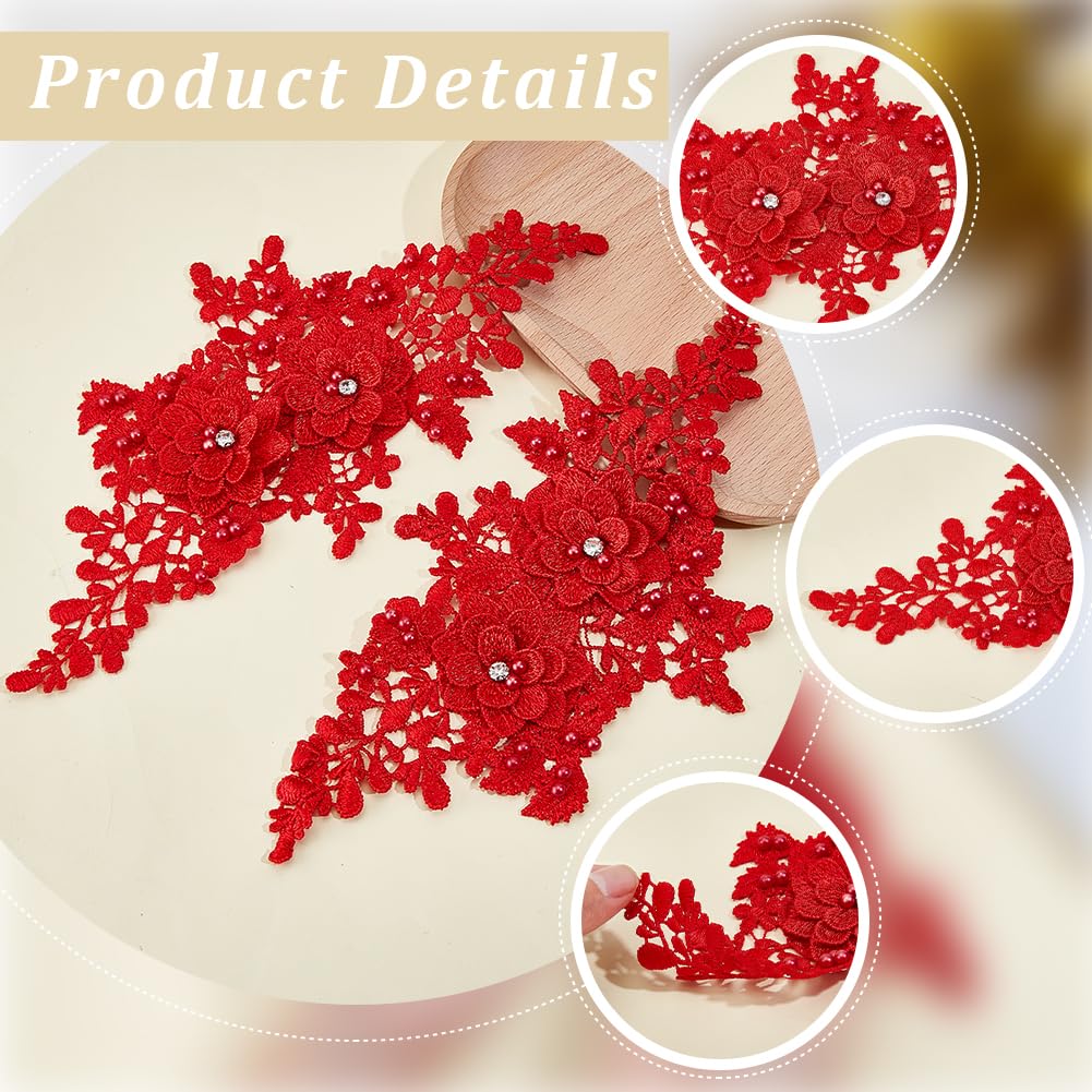 4 pz di Applique Floreali In Pizzo Rosso Vintage Ricamate 3D Da Cucire su Scollature In Poliestere Perline Scintillnot easy to per Cucire Realizzare Accessori per Abbigliamento Fai Da Te Abi