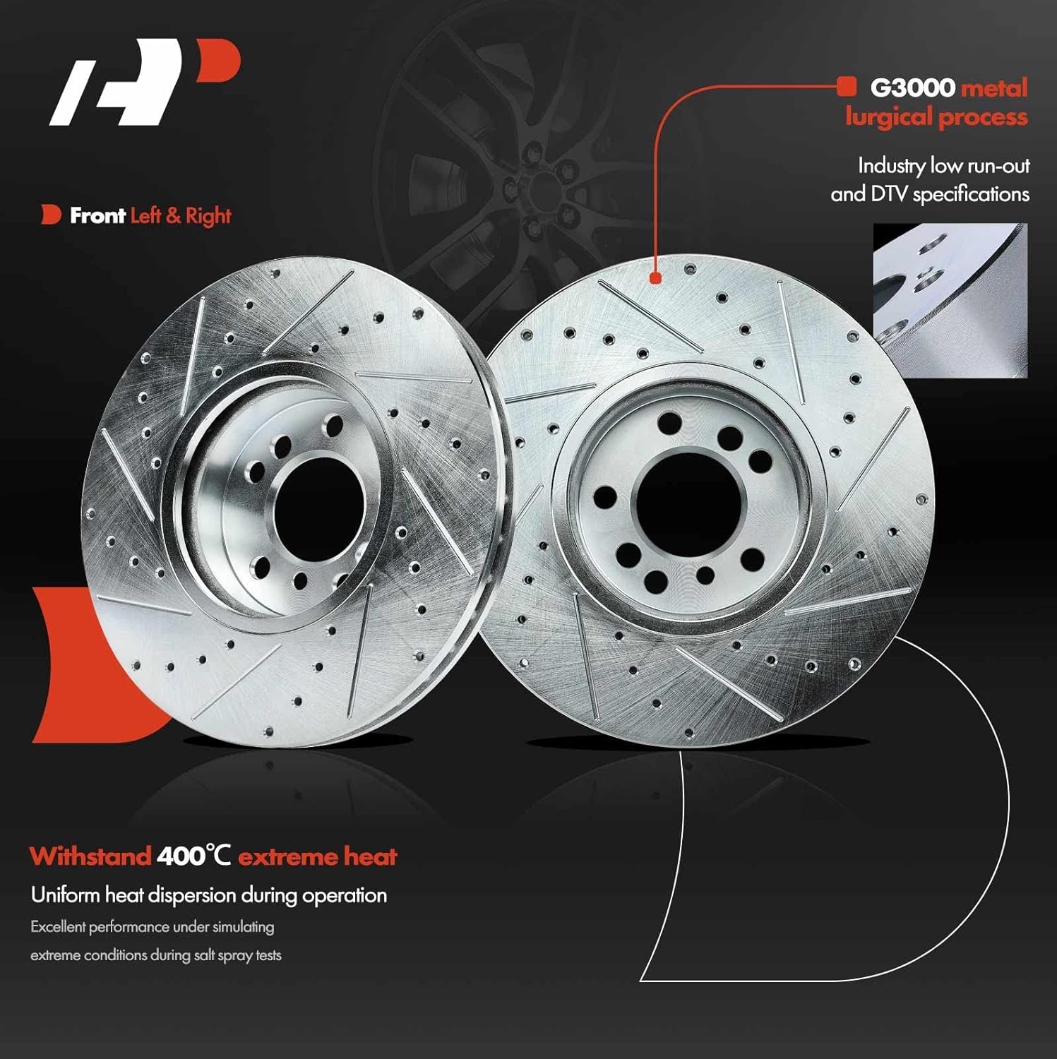A-Premium 13.08 inch (332mm) Front Drilled and Slotted Disc Brake Rotors + Ceramic Pads Kit Compatible with Select BMW Models - X5 2000 4.4L, X5 2001-2006 3.0L/4.4L, 6-PC Set