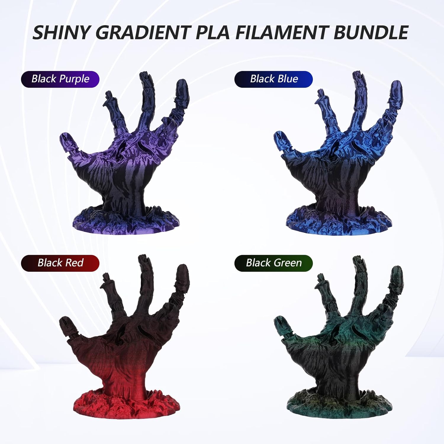 AMOLEN PLA 3D Printer Filament,PLA Filament 1.75mm,Silk Shiny Filament Bundle, Black Red, Blue,Purple,Green, 3D Printing Filament Bundle, 200gX 4 Spools