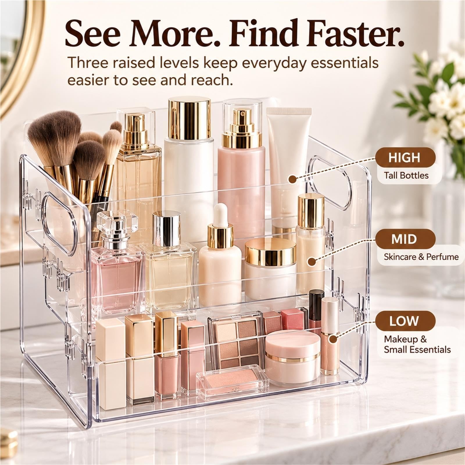 Organizer Trucco Trasparente a 3 Livelli per Cosmetici e Skincare