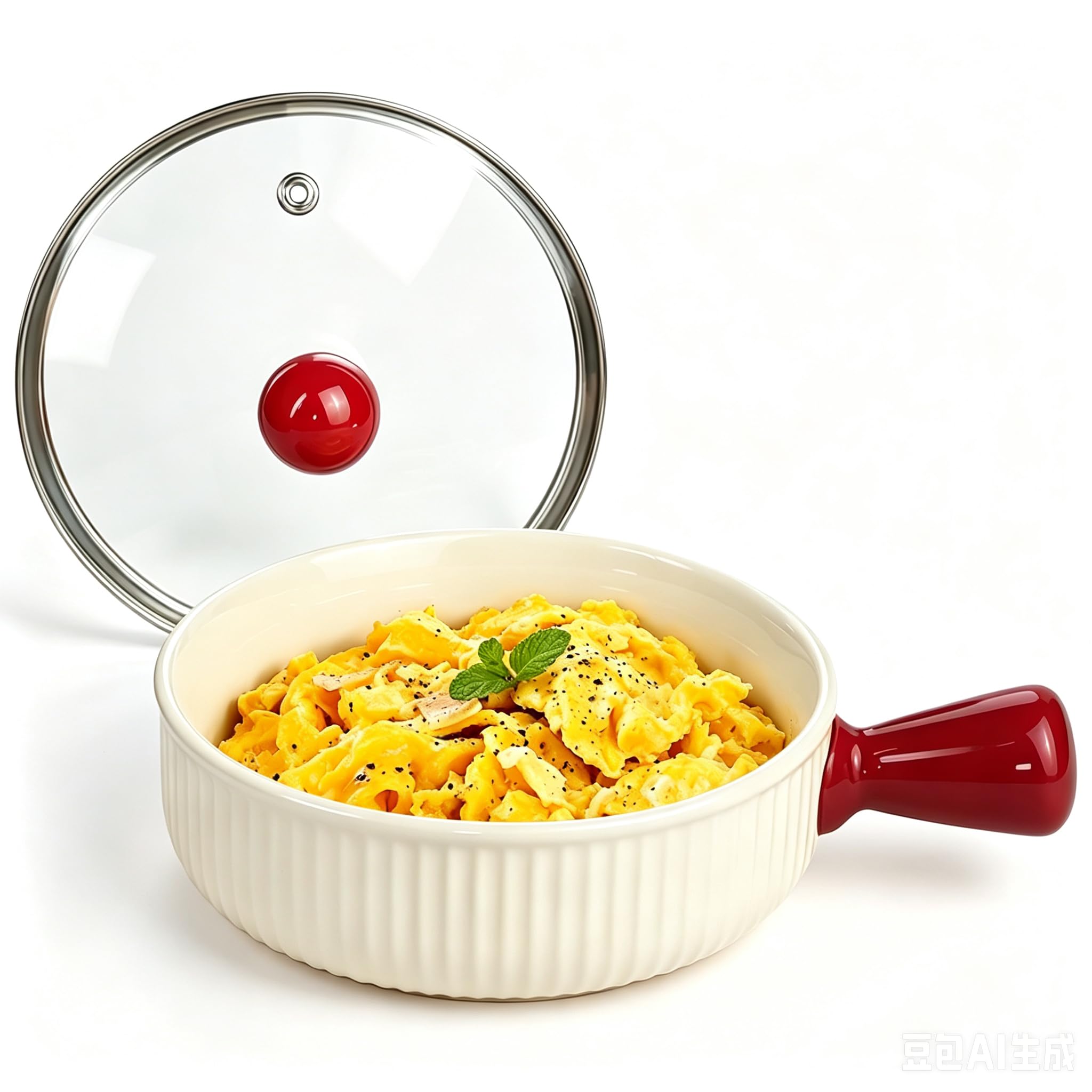 Cuociuova in ceramica per microonde, antiaderente, strapazzato con coperchio, senza BPA e senza plastica, cottura rapida con coperchio e mano cava, lavabile in lavastoviglie (rosso)