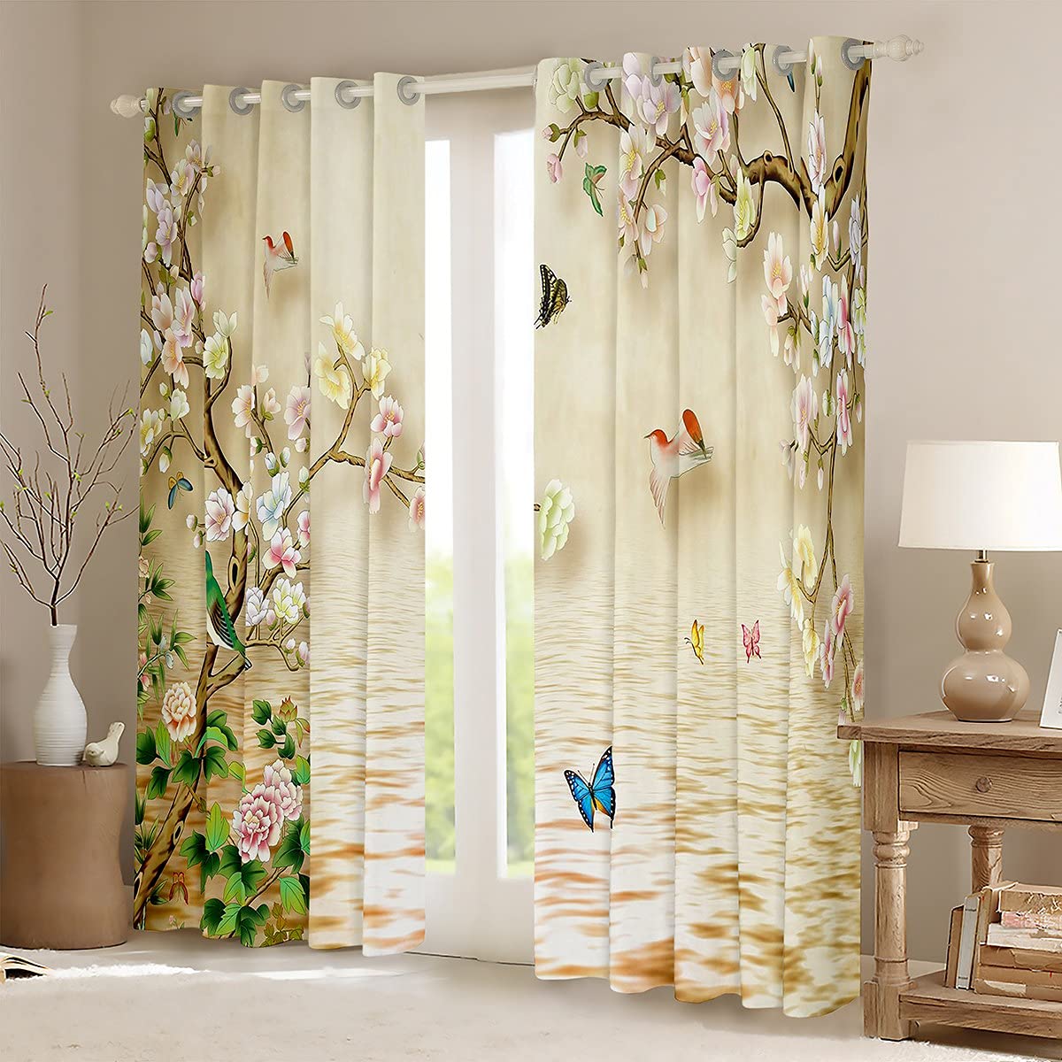 Floral Curtain Colorful Blossom Flowers Window Drapes for Kids Boys Girls Cute Butterflies Birds Window Curtains for Bedroom Nature Herbs Plants Window Treatments W66*L72 - Image 2