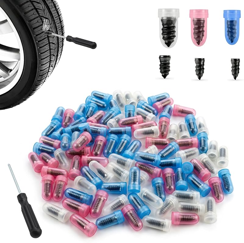 100PCS Tire Repair Screw Plug Kit, 3-Size Screw-in Plugs with Screwdriver, Self-Service Tire RepairPlugs with Screwdriver for Tires Puncture Repair, Rubber Nail Fix for Most Vehicles