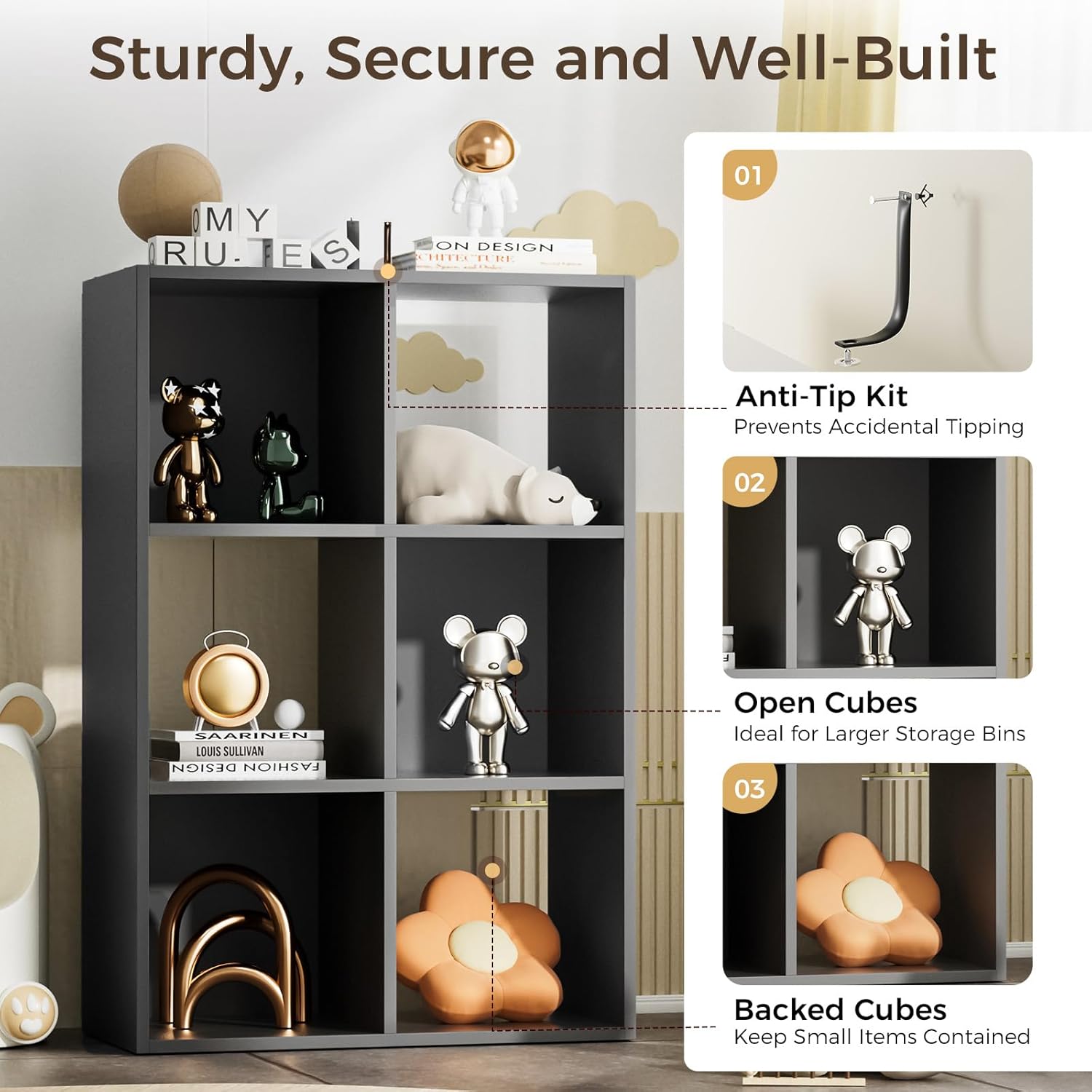 COMHOMA 6 Wood Cube Storage Organizer with Open Back and Removable Back Panels, 11In Black Cube Storage Bookshelf, Cubicle Shelf Bookcase for Home Office Bedroom Living Room, Vertical or Horizontal