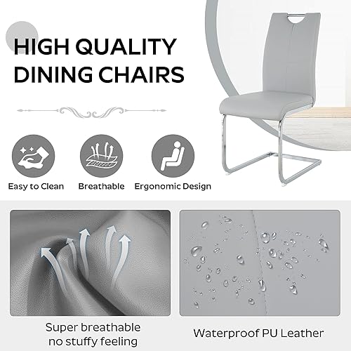 Miniatura 7 de Juego de 4 sillas de comedor modernas, de piel sintética, tapizadas con respaldo alto y patas de metal plateado para cocina, comedor, color gris