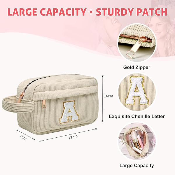 Borsa per cosmetici per donna Personalizzata Iniziale, Pochette Trucchi Viaggio con Tasca Interna, Trousse Trucchi Organizer Cosmetici, Regalo Compleanno Natale Ideale per Donne Ragazze Amic BeigeG - 3