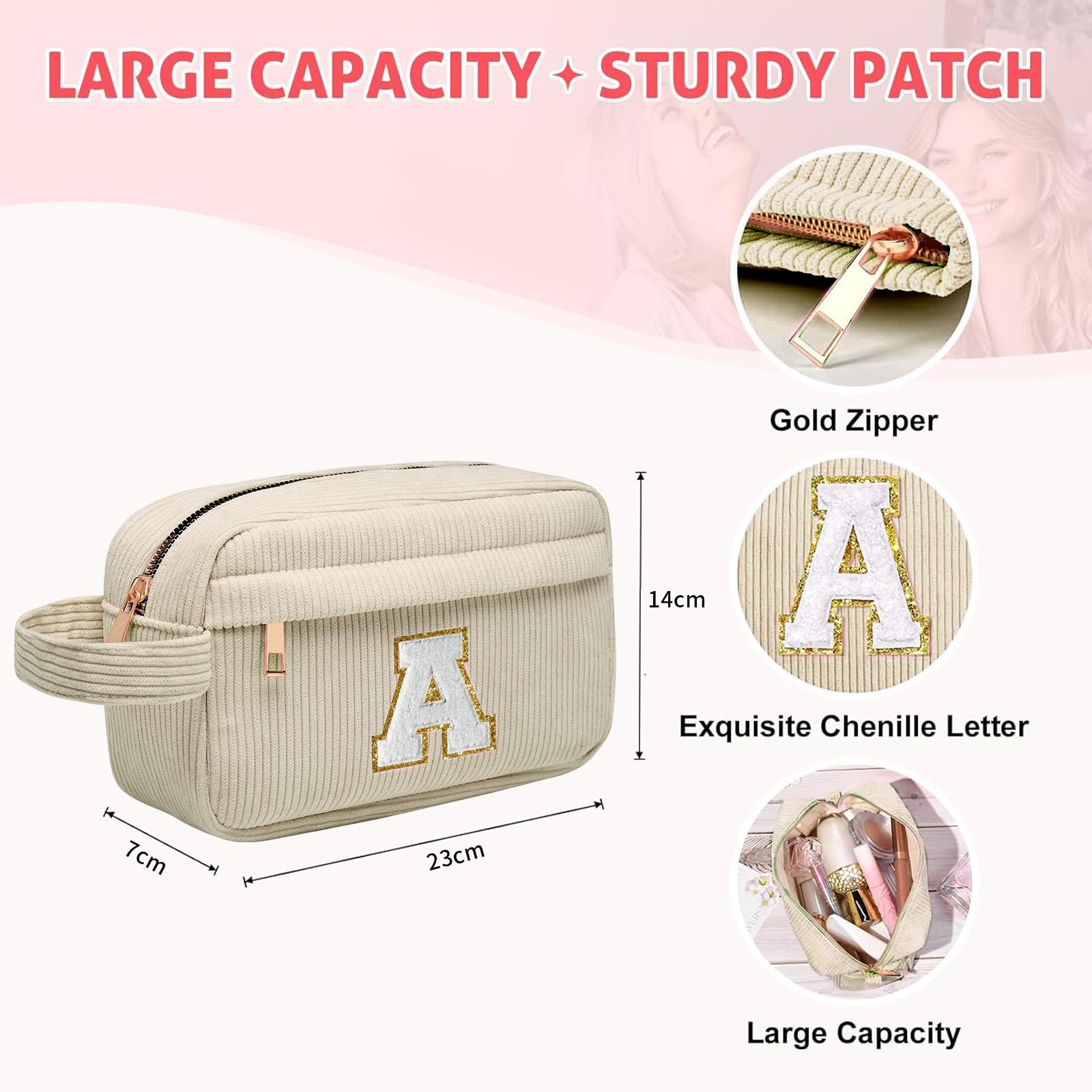 Neceser Maquillaje Mujer Personalizado Inicial, Bolsa de Cosméticos de Viaje, Gran Capacidad Neceser de Maquillaje de Pana, Regalo Cumpleaños Navidad para Mujeres Novias Mejores Amigas, Beige S — view 3