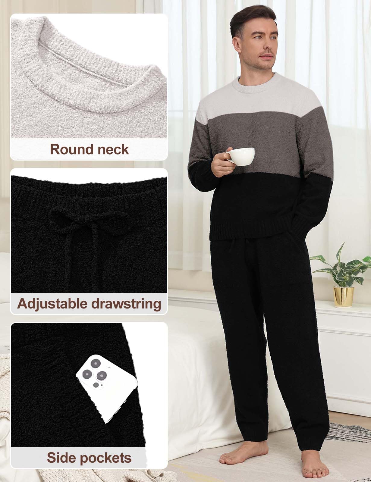 UMIPUBO Pigiama Uomo Invernale Pile Felpato Pigiami Due Pezzi Lunghi Caldo Maniche Lunghe Pantaloni Lunghi Regalo di Natale 2 Pz Set Abbigliamento