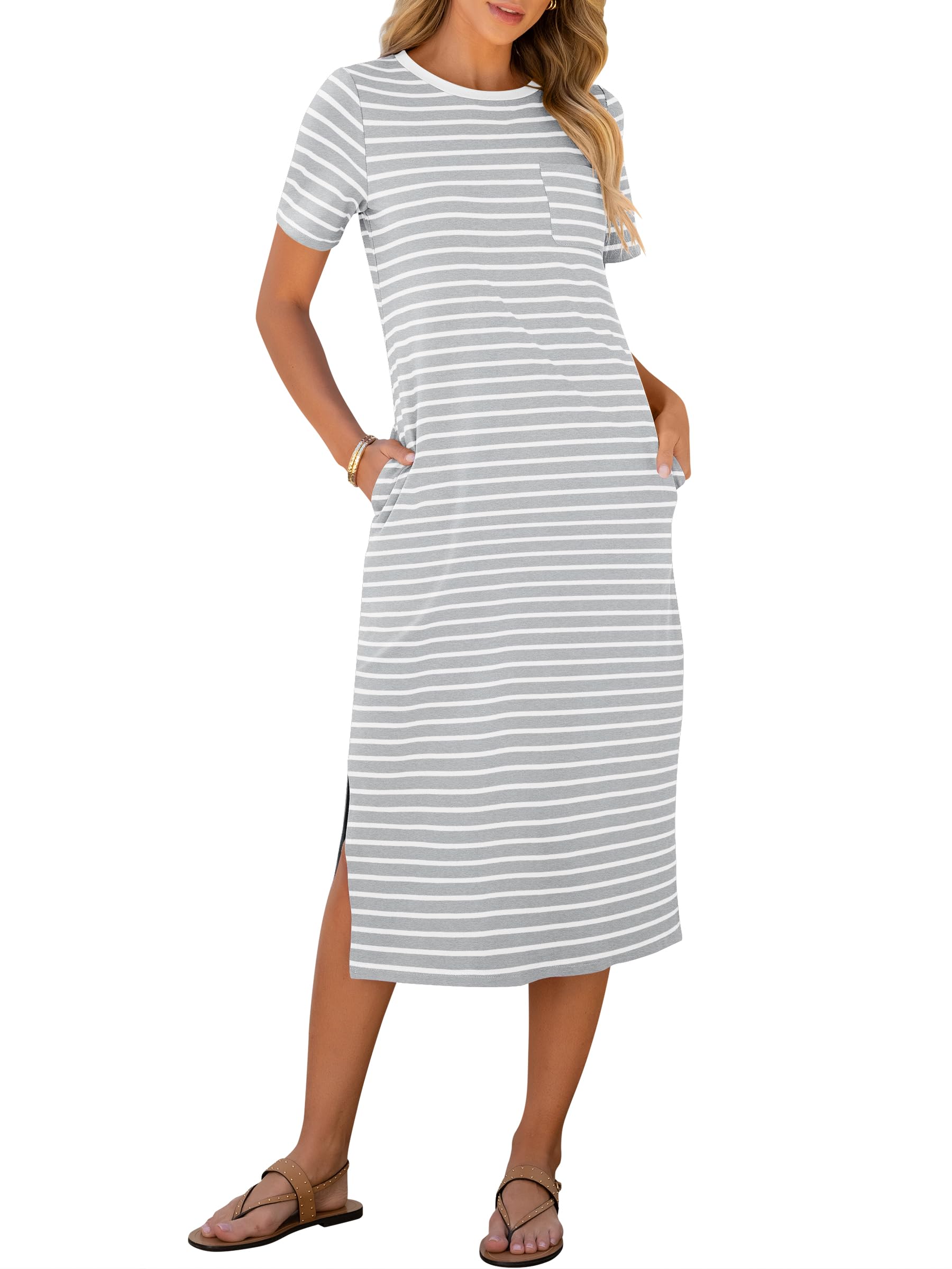 ANRABESS Womens Summer Casual Midi Dress Short Sleeve Crewneck T Shirt Long Dresses Split Stripe Beach Vacation Travel Outfit