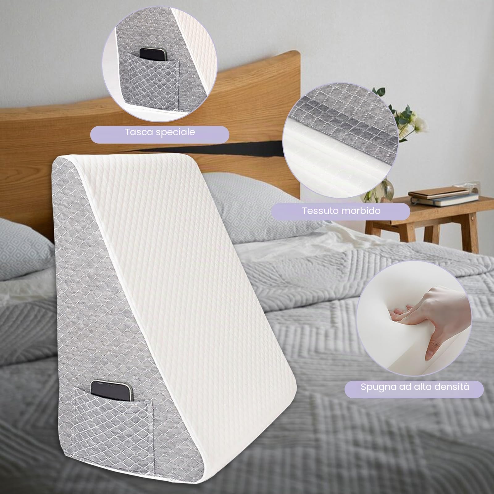 Set di 2 cuscini a cuneo, in memory foam, rimovibili, inclinabili, con poggiatesta per sollevamento gambe, supporto schiena, reflusso acido, russare, post chirurgia, lettura