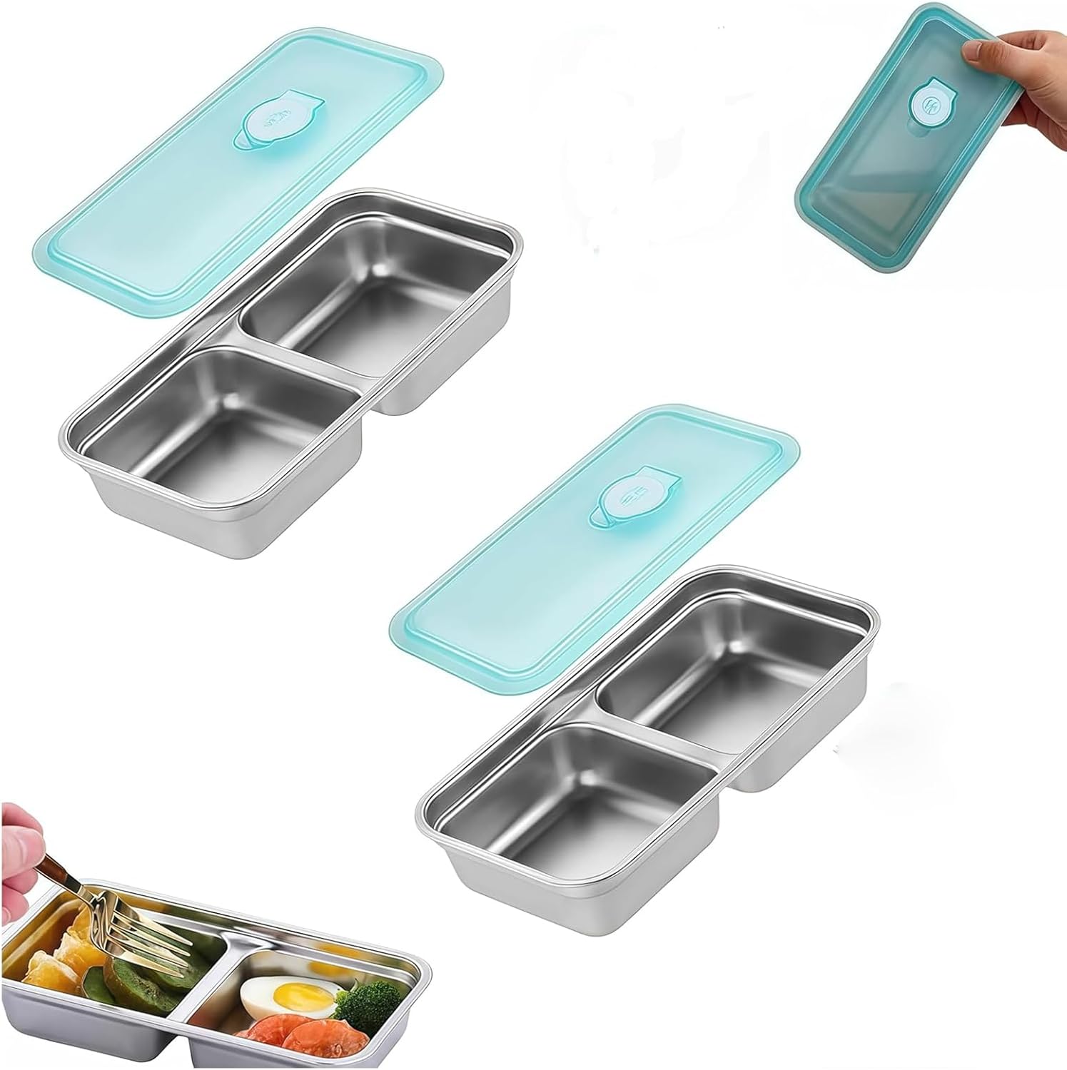 Grab and Go Stainless Steel Double Compartment Snack Containers, Reusable with Lids, Secure-Lid Lunch Box for Snacks, Dips, Travel, Takeout & Outdoor Camping (2pcs)