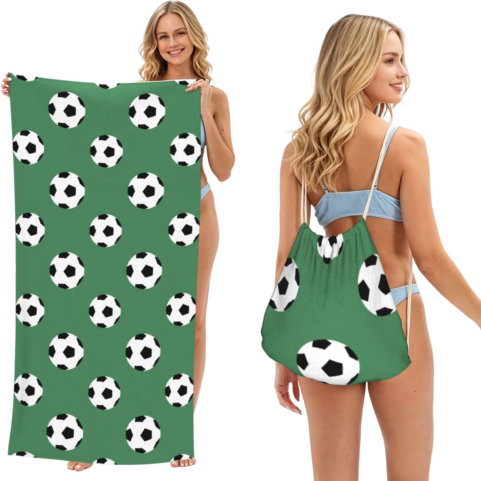 LMNvbz Soccer Print 2 In 1 Packable Beach Towel Bag, Quick Dry Backpack Microfiber Mat For Camping, Travel, Vacation, Cruise, And Picnic