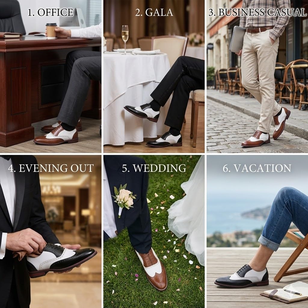 Zapatos Oxford Wingtip para Hombre, Zapatos de Vestir Brogue de Cuero de Dos Tonos, Zapatos Formales con Cordones Espectador para Boda, Fiesta o Club