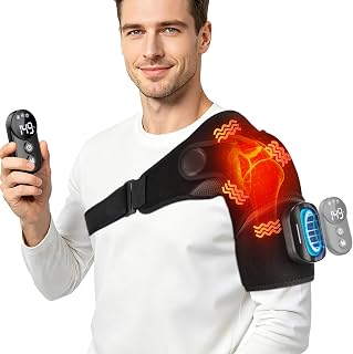 Schulter Massagegerät mit Vibration & Fernbedienung, Kabelloses Schulter-Heizmassagegerät,Elektrische Schulterstütze Wärmegerät mit 5 Heizstufen, 5 Vibrationsstufen, 3 Timer-Funktion, 5000mAh Akku