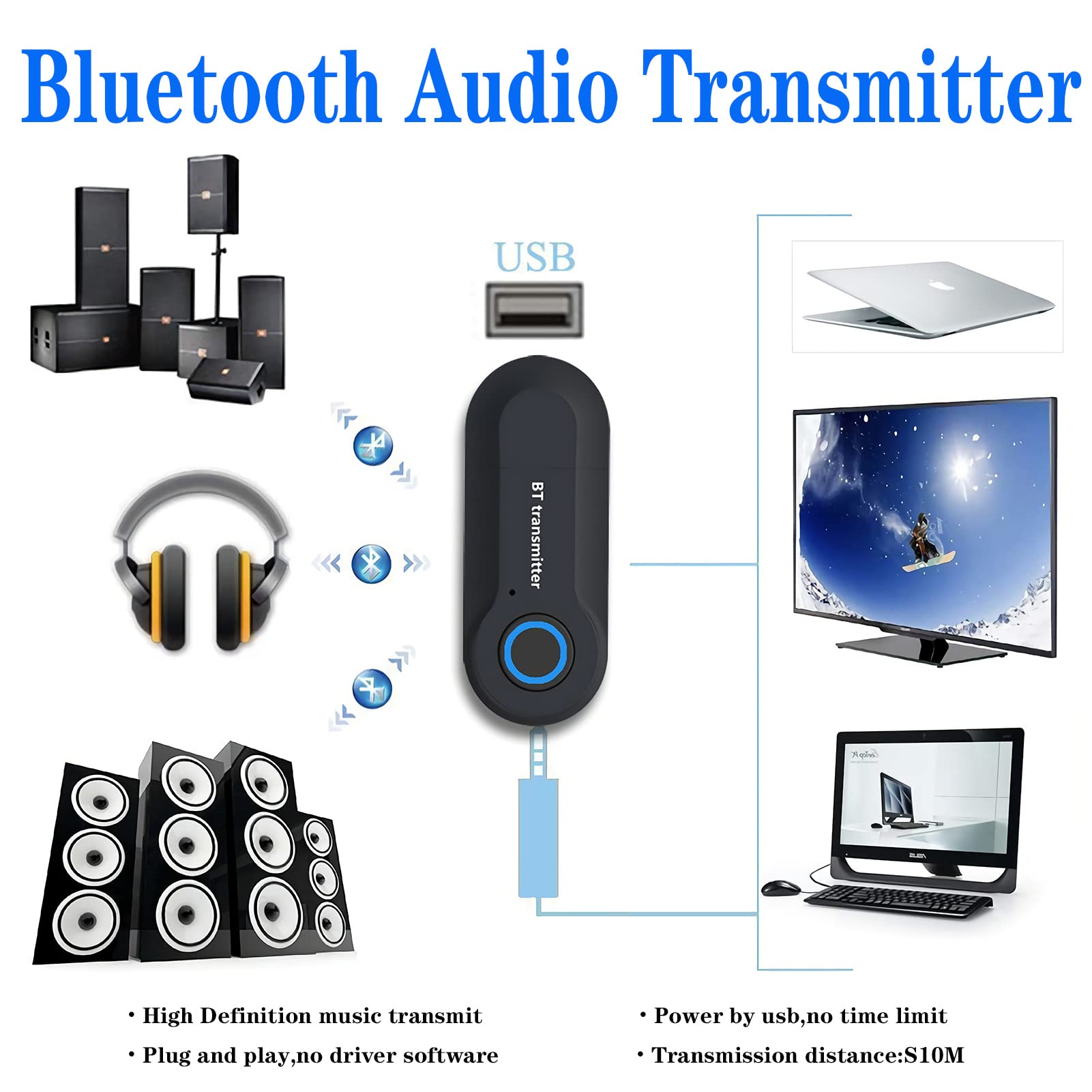 Trasmettitore Bluetooth 5.0, Adattatore Portatile A Bassa Latenza, Audio Stereo Wireless Da 3,5 Mm Per Tv, Cuffie, Mp3, Mp4