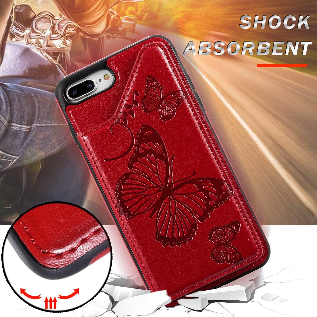 Vodico iPhone 8 Plus Wallet Case for Women,iPhone 7 Plus Case with Card Holder, Cute Girly Slim Folio Flip Butterfly Leather Magnetic Clasp Purse Case with Credit Card Slots&Stand for Girls (Red)