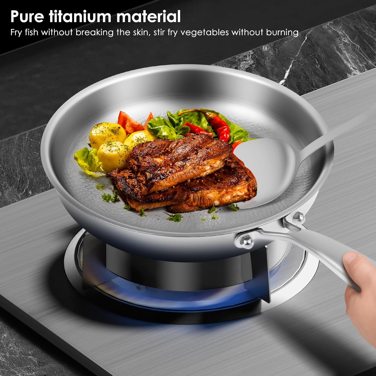 10 Inch Hammered Titanium Pan, Heats Up Quickly Cooks Evenly, Titanium Pro Cookware, Nonstick Pure Hammered Pan with Spatula, Compatible with Various Cooktops (Without Lid)