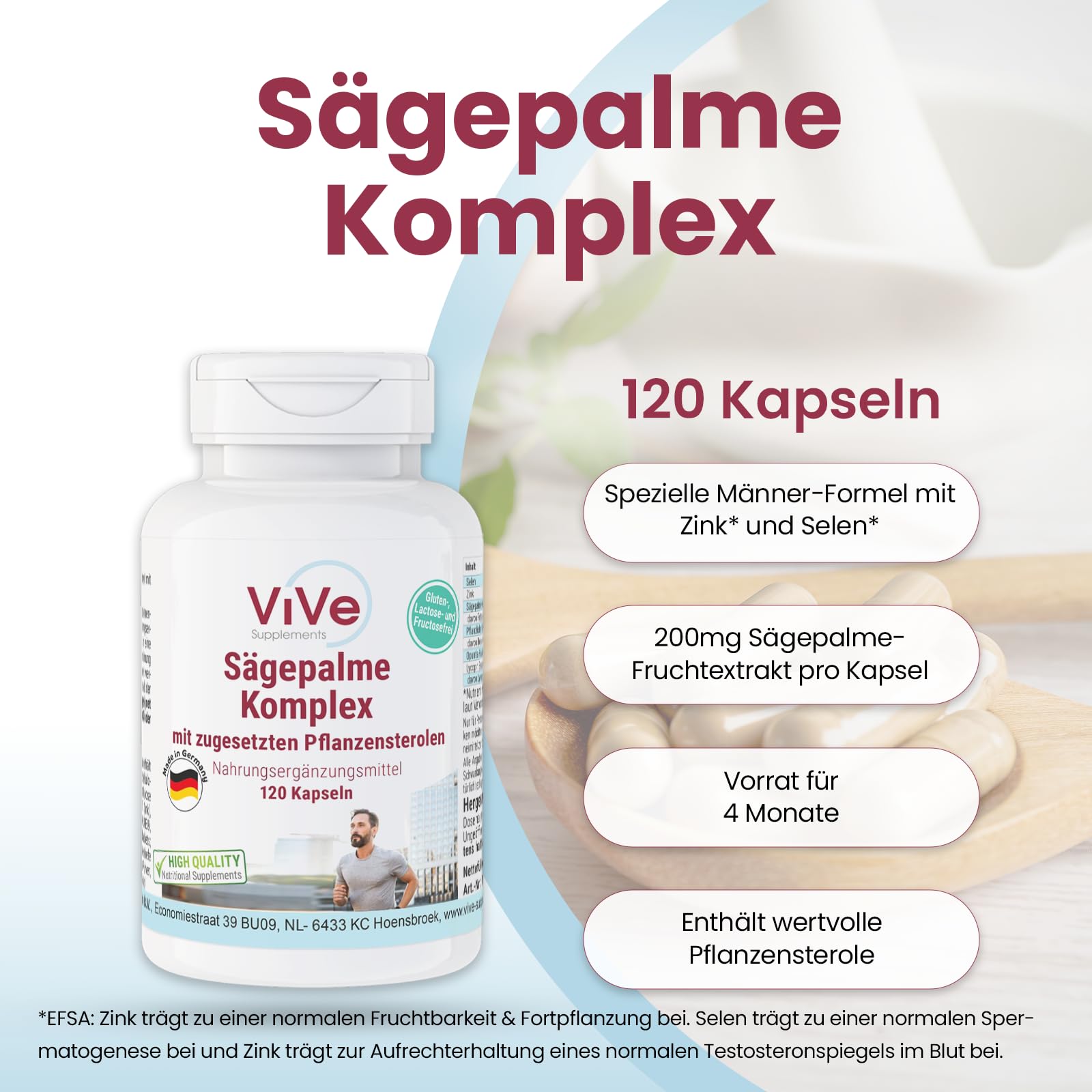 Sägepalmen Komplex - 120 Kapseln - Prostata Kapseln - Saw Palmetto mit Selen, Zink, Beta Sitosterol, Lycopin und Feigenkaktus - Hochdosiert - Vegan | Qualität aus Deutschland von ViVe Supplements