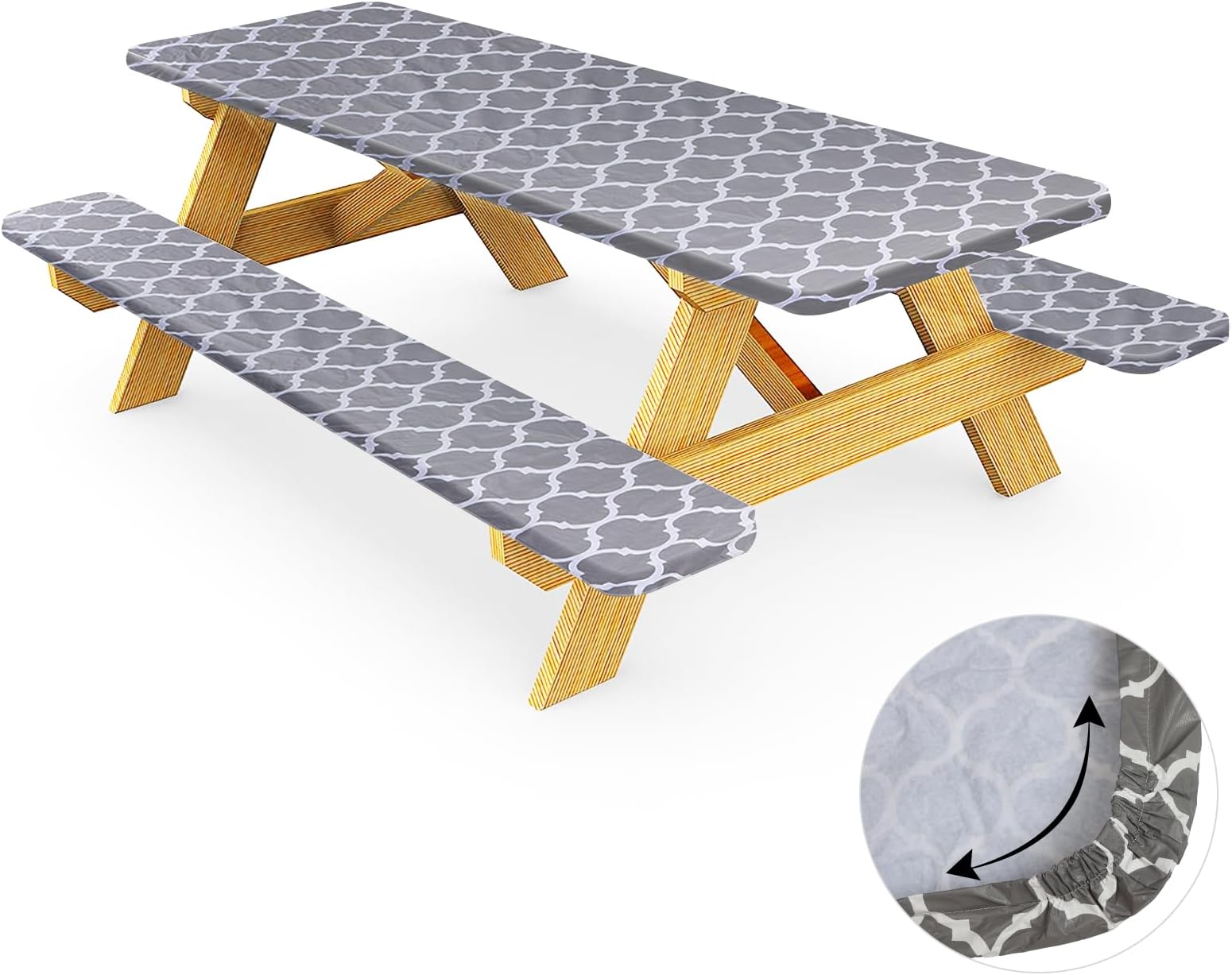 2024 Vinyl Picnic Table Cover and Bench Covers Fitted Tablecloth,Flannel Backing Elastic Edge Waterproof Wipeable Plastic Tabel Cover Vinyl Tablecloth for Indoor Outdoor Parties 3pcs - 72 * 30 in