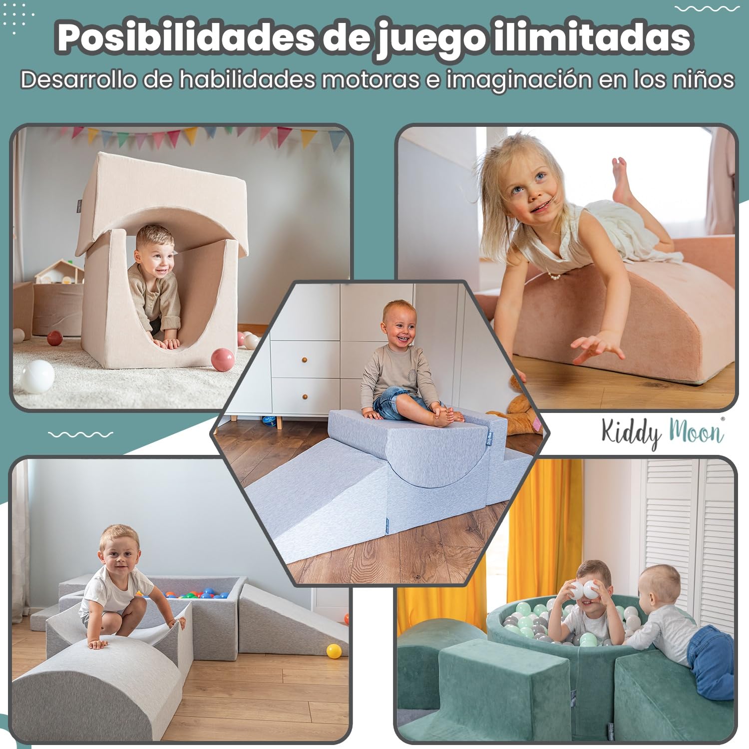 KiddyMoon Parque Infantil De Espuma con Cuadrada Piscina De Bolas (200 Bolas) para Niños, Gris Claro: Amarillo/Verde/Azul/Rojo/Naranja