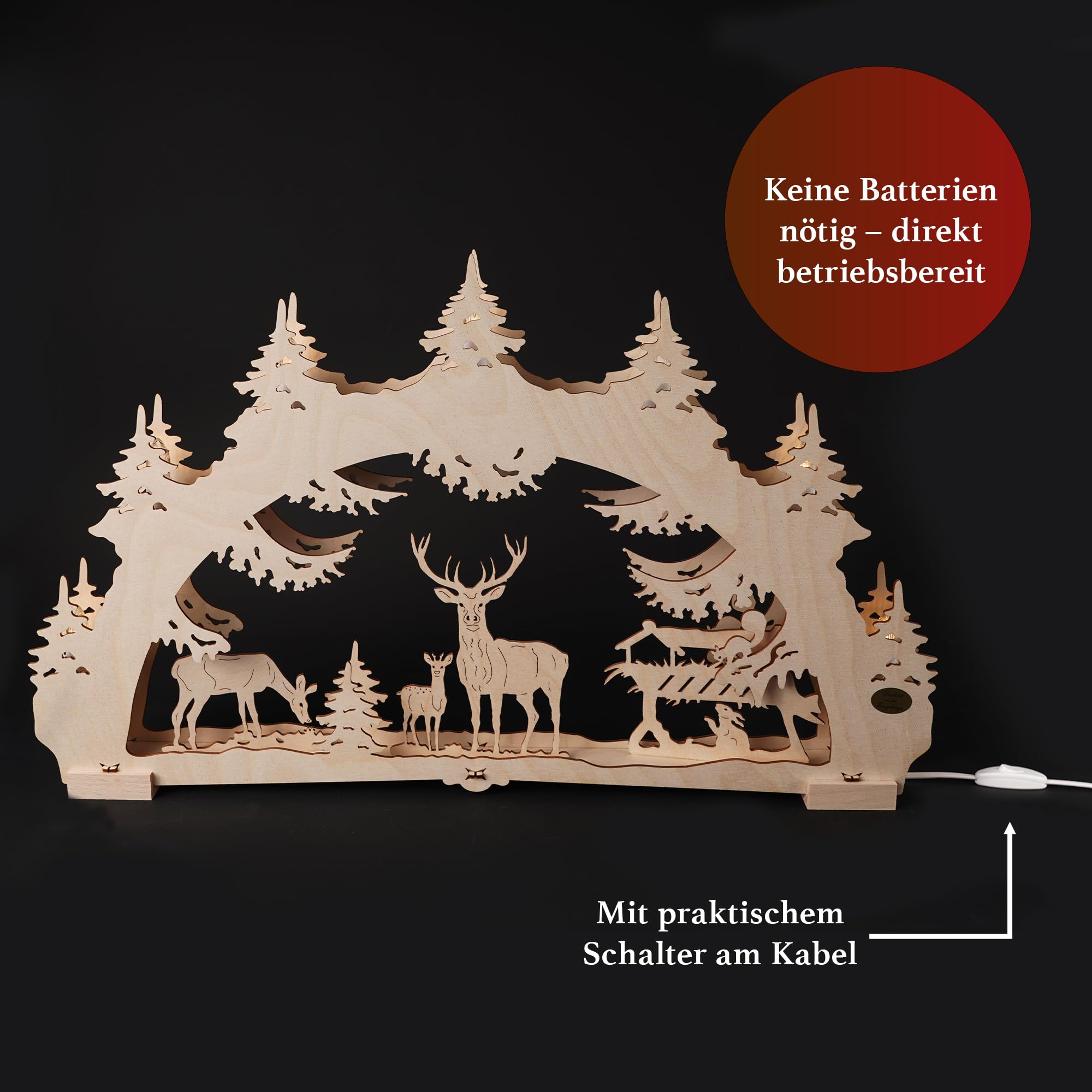 Saico - LED Schwibbogen „Waldlichtung“ Erzgebirge - Lichterbogen mit Timerfunktion - winterliches Design mit Rehen & Hase - ideal als Weihnachtsdeko, Holzkunst aus dem Erzgebirge - Made in Germany